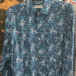 Tommy Bahama Teal and White Leaf Print Shirt